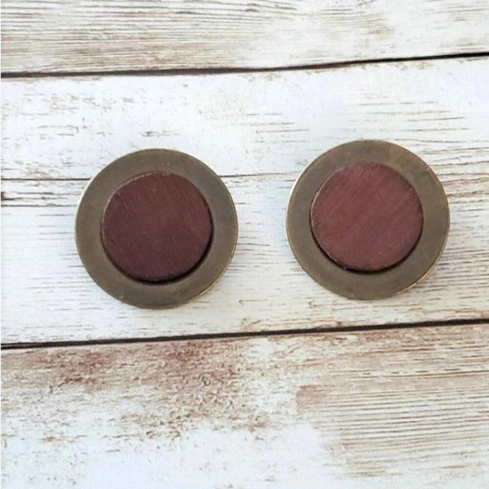 Vintage Clip On Earrings - 1 & 1/8" Bronze Color with Wood Center